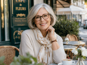 Woman smiling in new glasses at an outdoor bistro, illustrating how an updated prescription may reduce eye strain linked to eye twitching causes