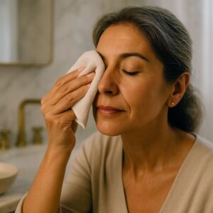 aqueous-deficient dry eye eyelid hygiene, Spanish senior woman gently wiping her eyelid with a warm soft cloth