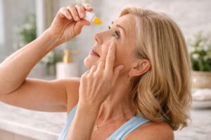 Cataract Surgery Recovery Timeline senior woman applying prescription eye drops, Barnet Dulaney Perkins Eye Center