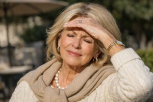 iridodonesis causing light sensitivity in an attractive senior woman outdoors at Barnet Dulaney Perkins