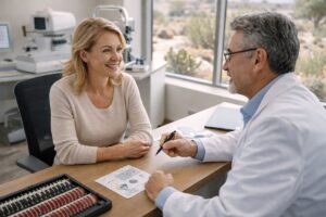 Optometrist and middle-aged woman discussing specialty contact lenses during a contact lens evaluation at Barnet Dulaney Perkins Eye Center.
