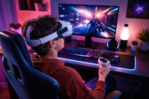 Teen boy using wearable tech devices with a VR headset and controllers in his bedroom, Barnet Dulaney Perkins Eye Center