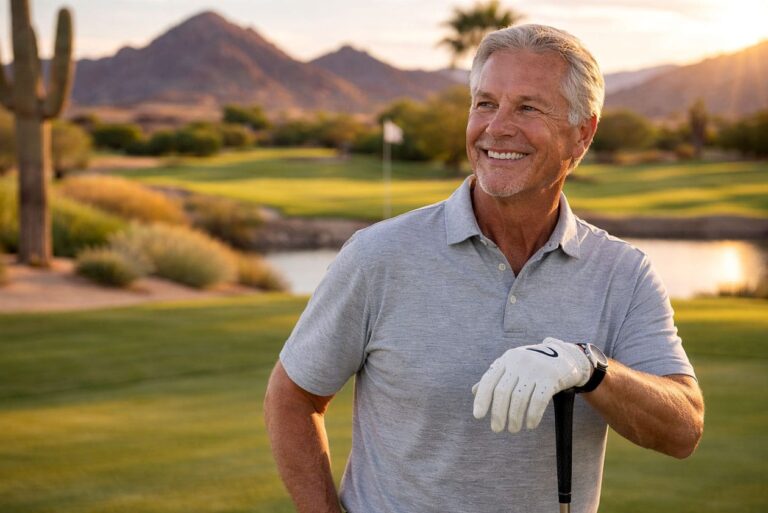 Man on golf field wondering "Why am I seeing Spots?" at Barnet Dulaney Perkins in Phoenix, Arizona.