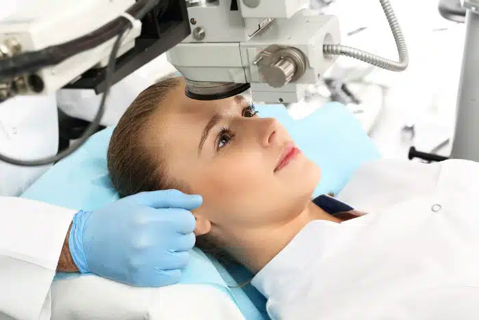 Young woman getting cataract surgery.